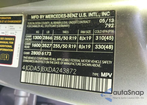 2013 Mercedes-Benz Ml 350 from USA, damaged, VIN 4JGDA5JBXDA243872